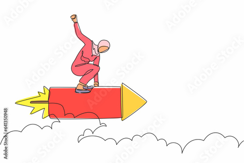 Single continuous line drawing Arabian businesswoman standing astride a rocket and flying through the air. Successful business and motivation concept. One line draw graphic design vector illustration