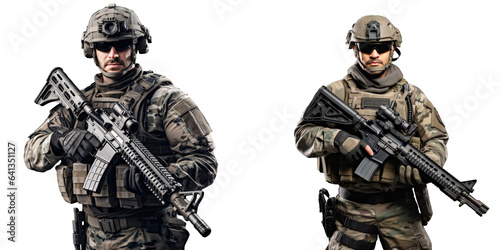 Soldier in combat uniform holds assault rifle alone on transparent background photo