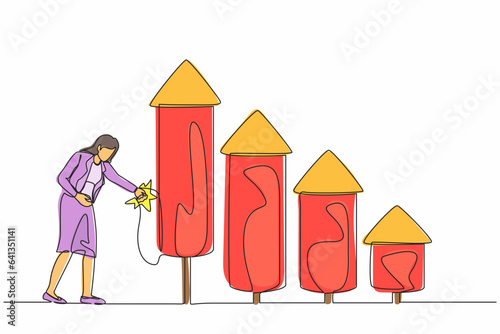Single continuous line drawing businesswoman ignite firework rocket bar graph to increase company growth. Career development and boost economic profit. One line draw graphic design vector illustration