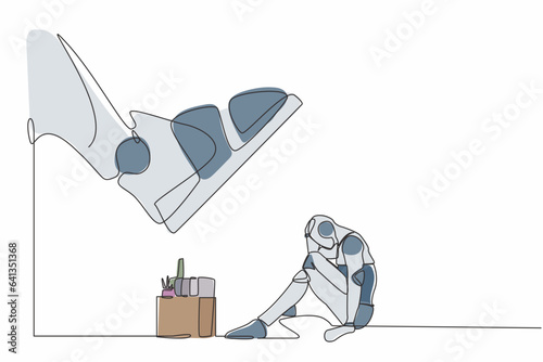 Single continuous line drawing robot sitting on the floor near office supplies under big foot stomp. Unemployment, dismissal. Robotic artificial intelligence. One line draw design vector illustration