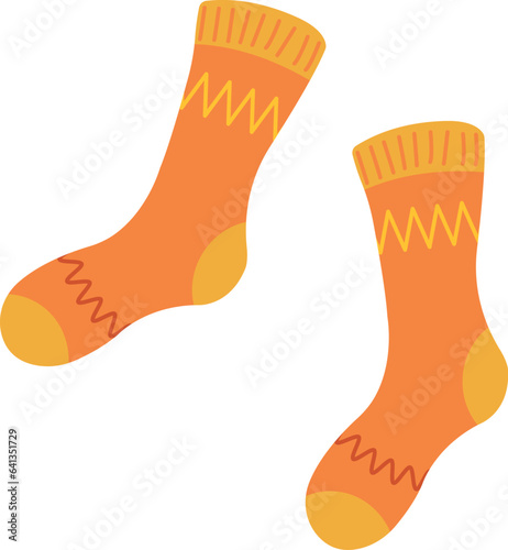 Knitted socks with ornament hand drawn cartoon illustration. Flat style design, isolated vector. Kids autumn, fall print element, seasonal warm, cozy clothes, knitting, handicraft, knitwear