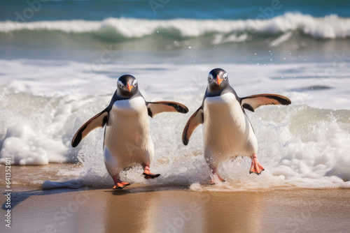 Couple of penguins on the shore in the waves of the Atlantic Ocean