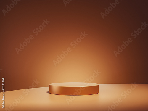 Brown podium on gradient brown background. Luxury product placement mockup. Premium fashion and beauty stage platform template.