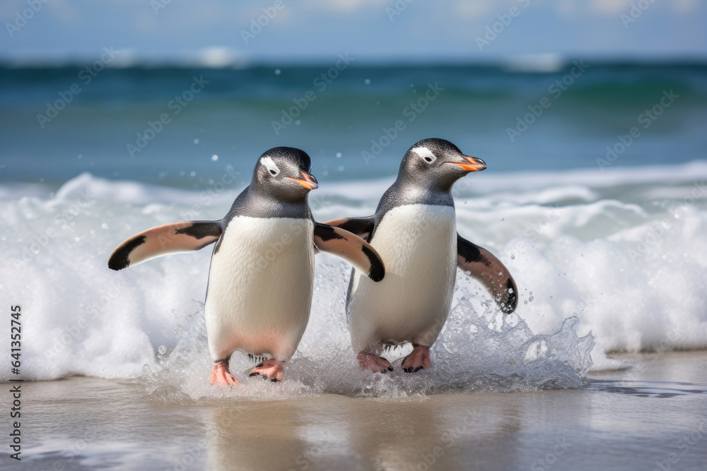 Couple of penguins on the shore in the waves of the Atlantic Ocean