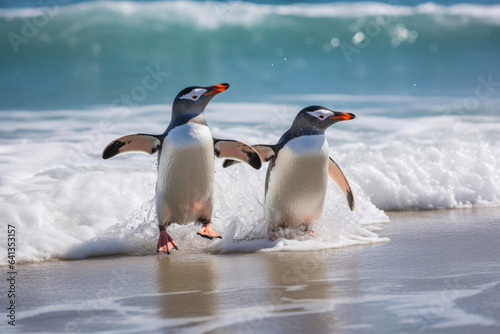 Couple of penguins on the shore in the waves of the Atlantic Ocean