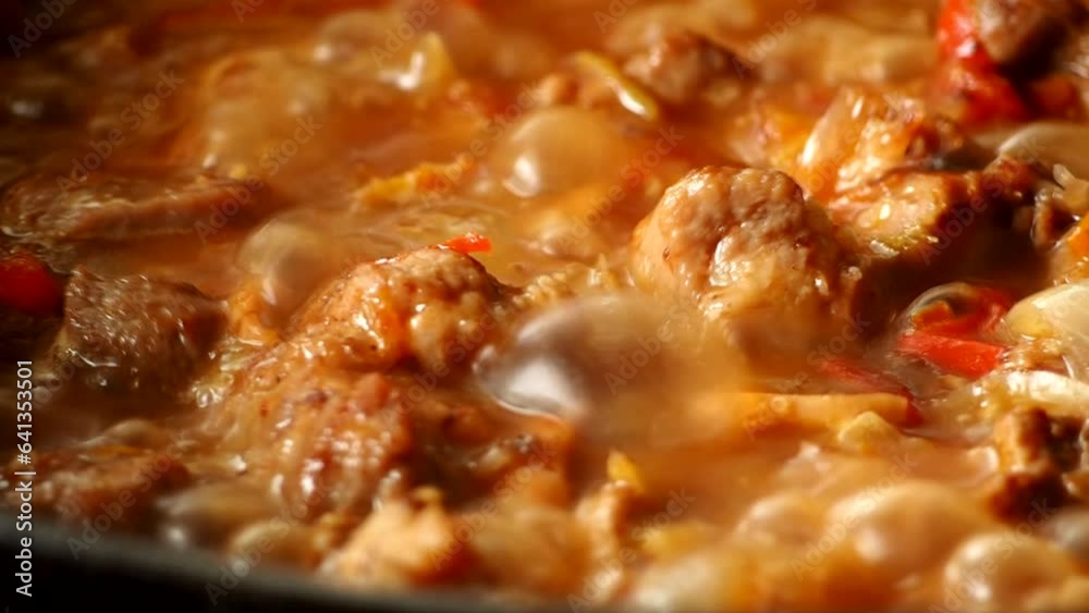 Stewing chopped pork with sauce in pan, in door Chiangmai Thailand. Stewing chopped pork with sauce in pan, in door Chiangmai Thailand.