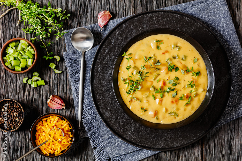 Fotografie Beer cheese soup with vegetables and thyme