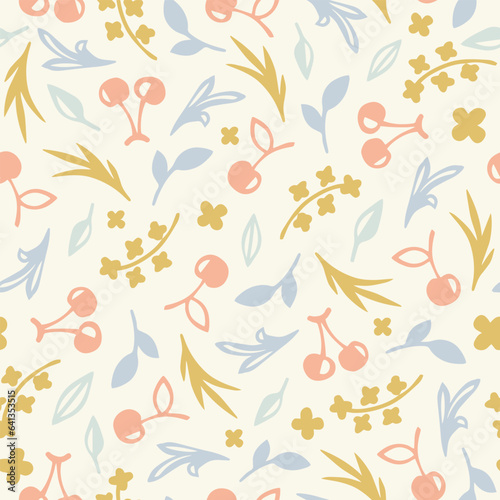 Vector seamless pattern with cherry, leaves and flowers. Perfect for card, fabric, tags, invitation, printing, wrapping.