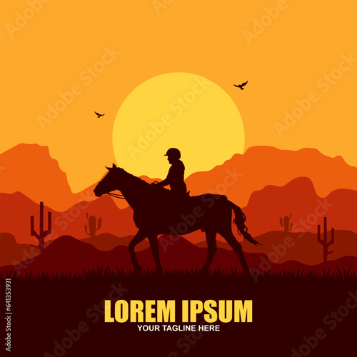 Rodeo retro logo with cowboy horse rider silhouette