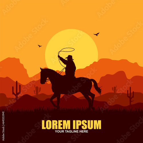 Rodeo retro logo with cowboy horse rider silhouette