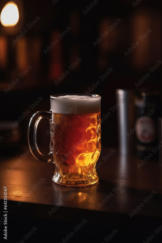 Close up glass of beer in Cozy Bar, generative AI