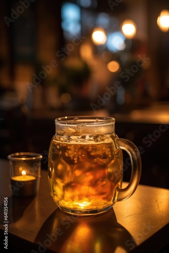 Close up glass of beer in Cozy Bar, generative AI