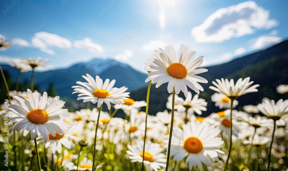 Close-up vast field of delicate white daisies under a clear sky, with towering alpine mountains in the backdrop. Created by AI tools