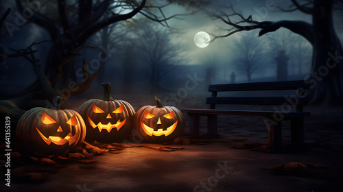 Halloween background with pumpkins on wooden bench in foggy forest