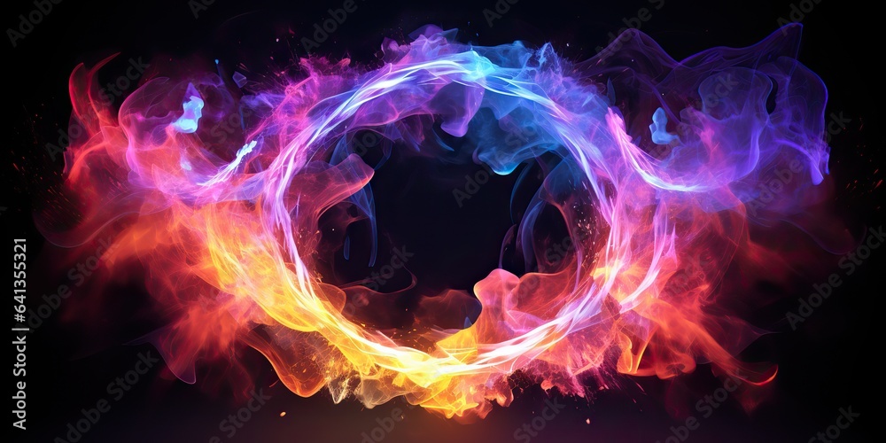 AI Generated. AI Generative. Round circle neon glowing color smoke mystic element. Graphic Art