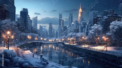 Winter with snow in a modern city with skyscrapers