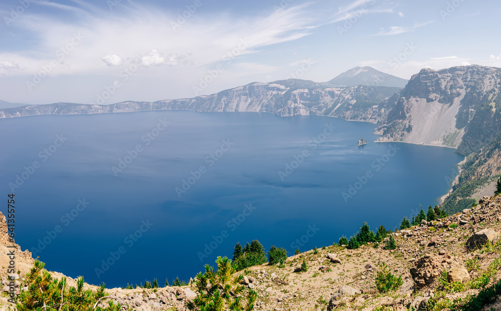 Panorama of the Crater lake on summer day, Oregon, USA