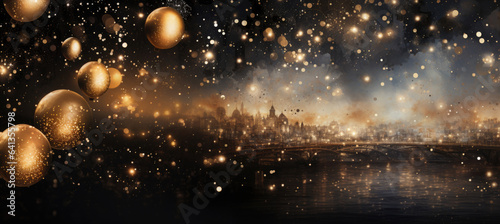 Sparkling background on the background of an ancient city with Christmas balls on the side, background