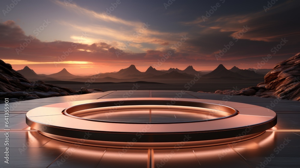 A circular table on a tiled floor with mountains in the background. Digital image. A circular table on a tiled floor with mountains in the background. Digital image.