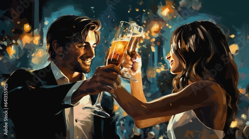Man and woman cheer with champagne drinks in a celebratory toast