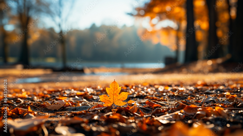 Nature's Blanket: Capturing Fallen Leaves Adorning a Park's Ground. Generative AI.