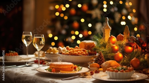 Festive table with numerous dishes on the background of the Christmas tree