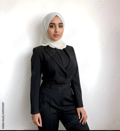 portrait of a woman in a muslim businesswoman in the white hijab a black suit black shirt and black pants posing suit