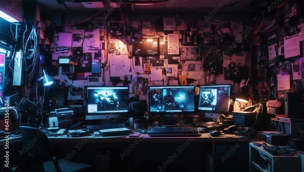photo of a room with a cool computer desk with a pink lamp theme and lots of posters made by AI generative