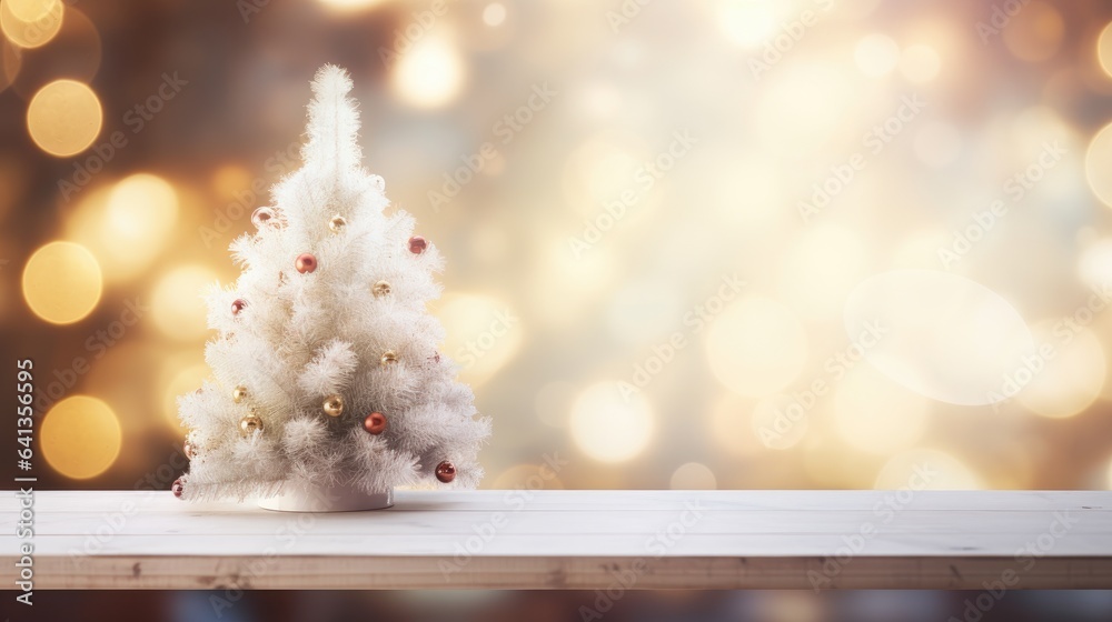 A white wooden empty table with a Christmas tree on the side and a blurred Christmas background