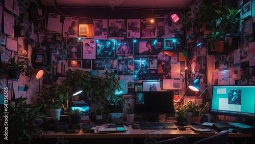 cool decoration photos with lots of posters and cool use of room lights made by AI generative

