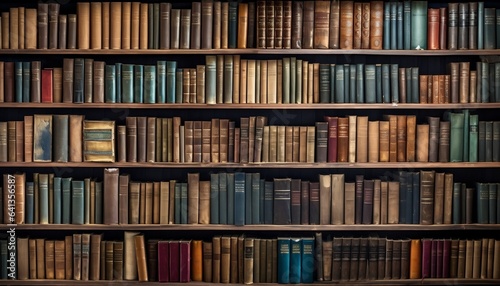 Old books in library shelved background