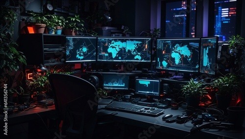 photo of a person wearing a black jacket working on a computer with several monitors in a cool work space made by AI generative