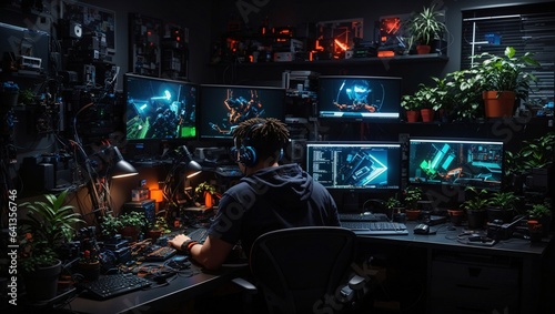photo of a person wearing a black jacket working on a computer with several monitors in a cool work space made by AI generative