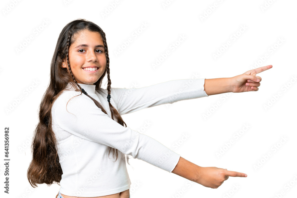 Young girl over isolated chroma key background pointing finger to the side and presenting a product