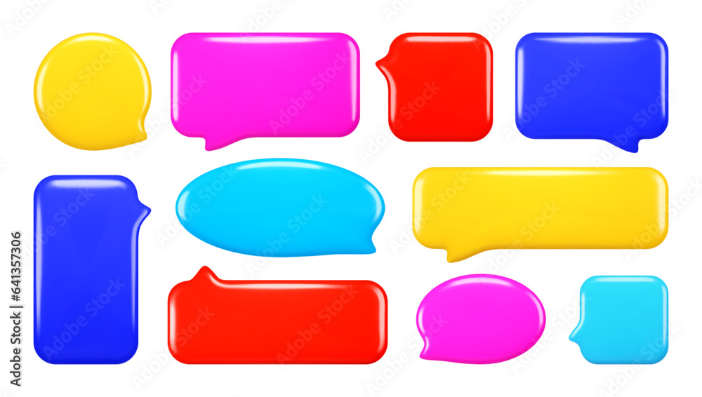 Glossy realistic 3D collection of empty speech bubbles in vibrant colors. Chat and message symbols. Vector illustration Glossy realistic 3D collection of empty speech bubbles in vibrant colors. Chat and message symbols. Vector illustration