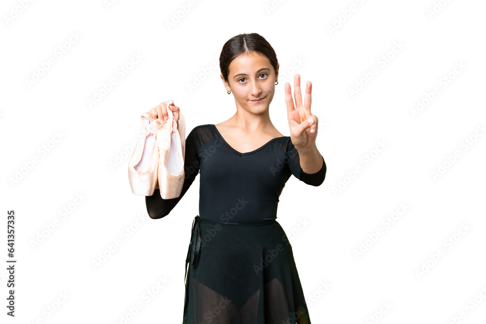 Young woman practicing ballet over isolated chroma key background happy and counting three with fingers Young woman practicing ballet over isolated chroma key background happy and counting three with fingers