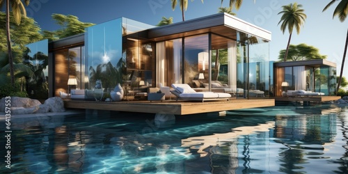 A house on a floating platform in the middle of the ocean. Digital image.