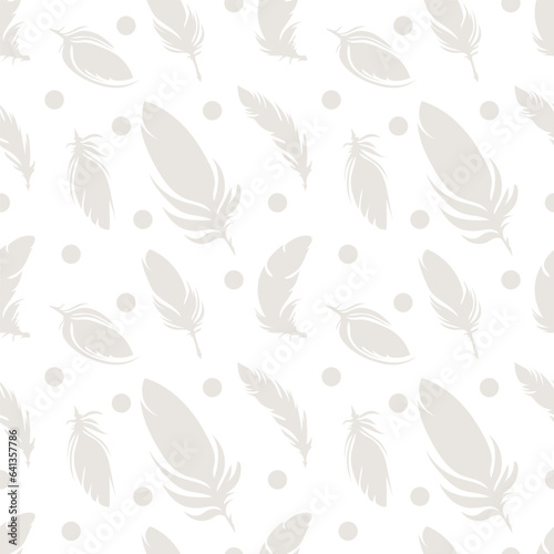 Seamless pattern of bird feathers on a white background. Vector illustration. Design of fabric, paper, packaging.