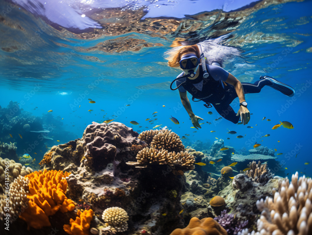 diver submerged in crystal-clear waters, unveiling the mesmerizing beauty of marine life and coral reefs. Perfect for travel brochures diver submerged in crystal-clear waters, unveiling the mesmerizing beauty of marine life and coral reefs. Perfect for travel brochures