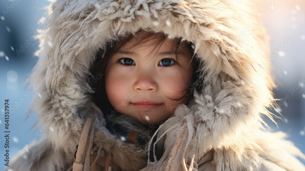 kid eskimo from Inuit tribe, Iglu, high detailed facial features, ai generated.