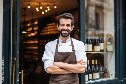 Portrait of a chef in their whites, standing proudly in front of their restaurant. Generative AI