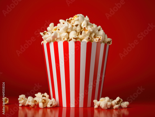 Popcorn in red and white striped cardboard bucket on red background