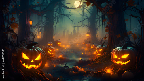 Halloween background with pumpkins in the dark forest. 3D rendering
