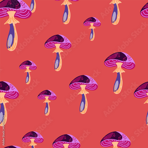 Seamless pattern with psychedelic mushrooms. Magical fly agaric wallpaper.