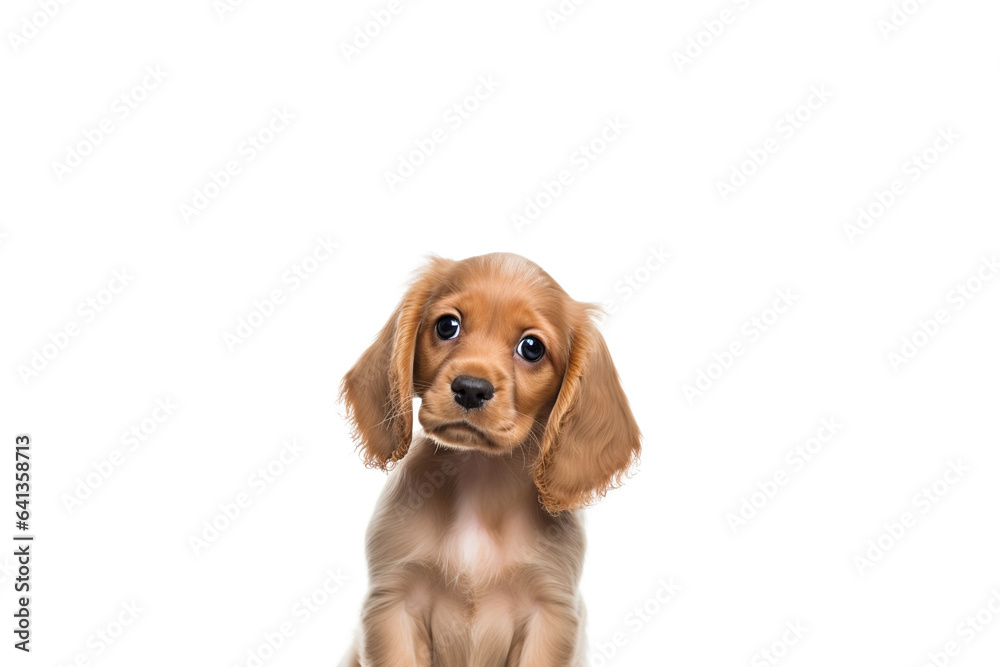 a long hair puppy Cocker Spaniel dog in front of a white background. 