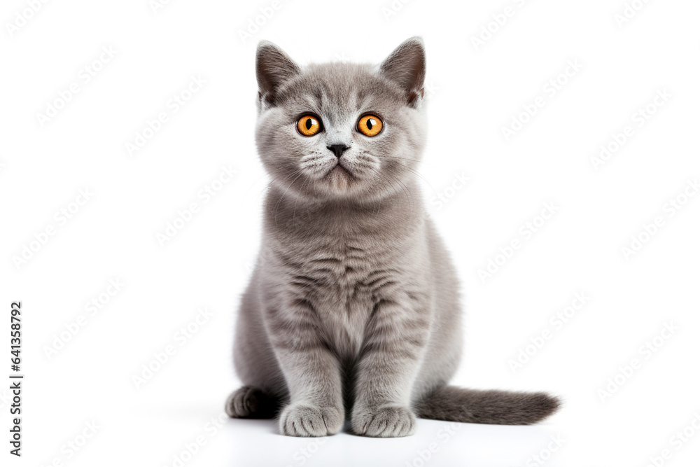 a British Shorthair cat in front of a white background. 