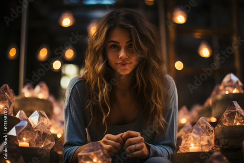 teenage girl with spiritual healing with candles business  relaxing  meditation  ai generated.