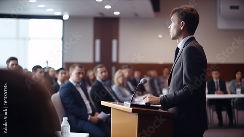 Speaker with microphone speaking in front of Dynamic Conference meeting, generative AI