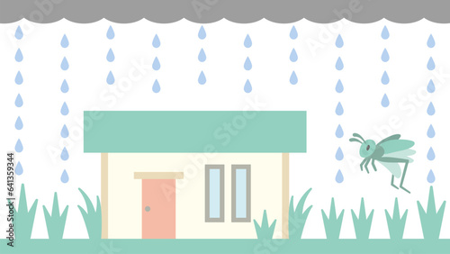 コンパクトな平屋住宅の周りに雑草が生い茂り、雨が降り、バッタが跳んでいるイラスト