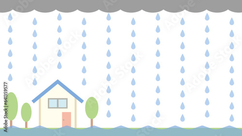 雨雲と雨の下、三角屋根の小さな家が水没しているイラスト